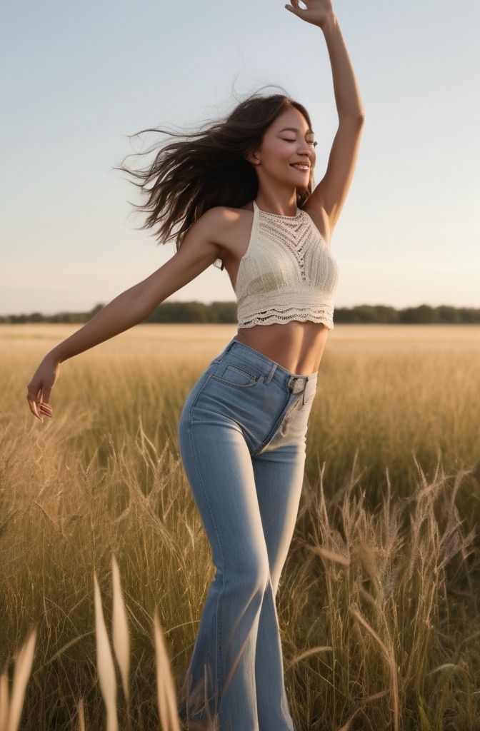 High-Waisted Flared Jeans & Crochet Top