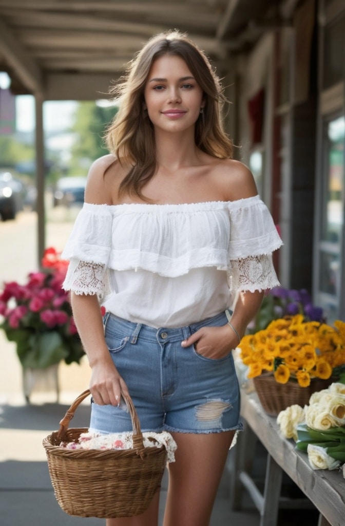 Off-Shoulder Peasant Blouse with Distressed Denim