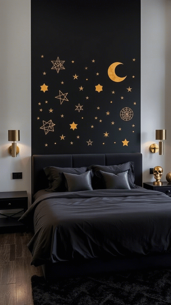 Midnight Black Accent Wall with Metallic Touches